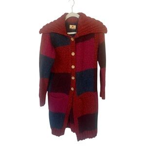 carraigdonn handknit irish wool red purple navy striped long cardigan medium